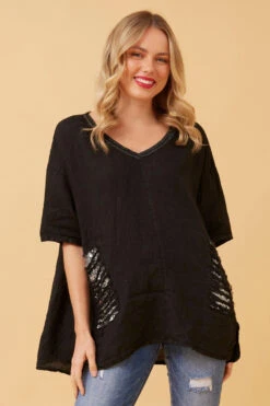 PAM SEQUIN PATCH LINEN TOP -Female Clothing Store 125d3147b4d92069188ccf778c3aed5d