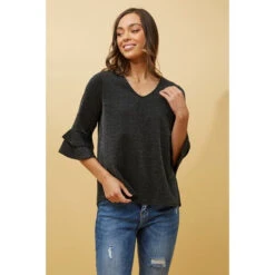 TAZIM DOUBLE FRILL SLEEVE RIBBED GLITTER TOP -Female Clothing Store 286561c494eb28512a1cf0d943c3d809