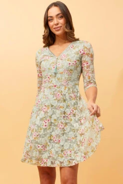 OLIVIA ZIP FRONT FLORAL LACE DRESS