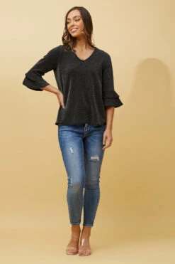 TAZIM DOUBLE FRILL SLEEVE RIBBED GLITTER TOP -Female Clothing Store 9e12512debe4ace12af5f552e1a0970f