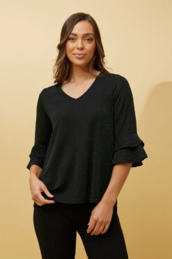 TAZIM DOUBLE FRILL SLEEVE RIBBED GLITTER TOP -Female Clothing Store a9296ca668699fedf25de7f9de776d50