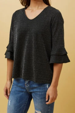 TAZIM DOUBLE FRILL SLEEVE RIBBED GLITTER TOP -Female Clothing Store b9e924e260801cbfdc9c5e11db0e6009