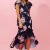 DENVER FLORAL RUFFLE HEM HI LOW DRESS