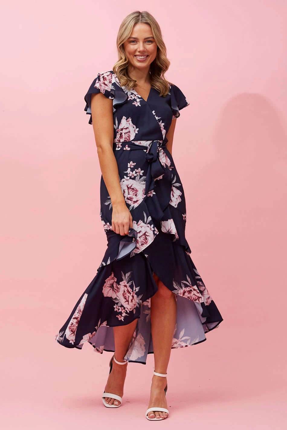 DENVER FLORAL RUFFLE HEM HI LOW DRESS 1 DENVER FLORAL RUFFLE HEM HI LOW DRESS