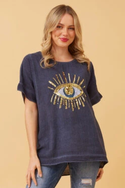 JULINA EVIL EYE LINEN TOP -Female Clothing Store d251ac5c4a0f0d44d0ea2ec342014df5