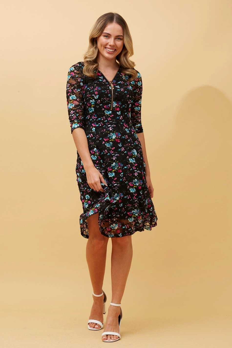 OLIVIA ZIP FRONT FLORAL SKATER DRESS